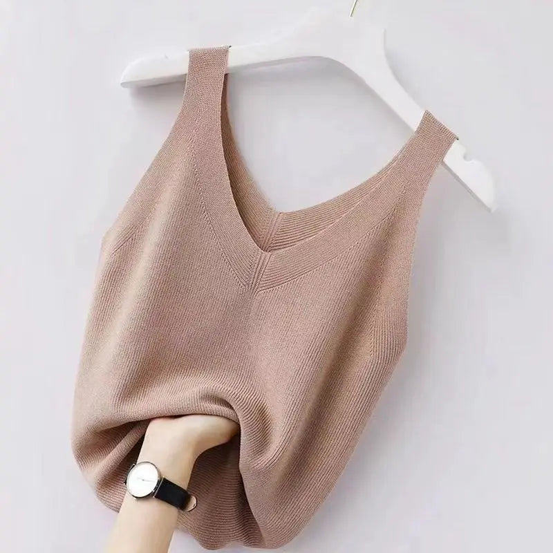 Plus Knit Tank Top V-Neck Ice Silk Sleeveless 2026 Summer Clothing Vests for Women Korean Fashion Loose Elegant Casual Cami Top