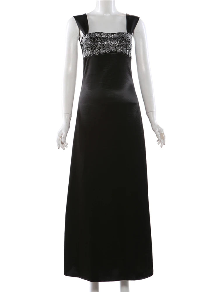 Nibber Elegant Strap Dress Women Low-Neck Patchwork Classic Evening Sexy Stain Valentine's Day Dating Slim Coquette Long Bodycon