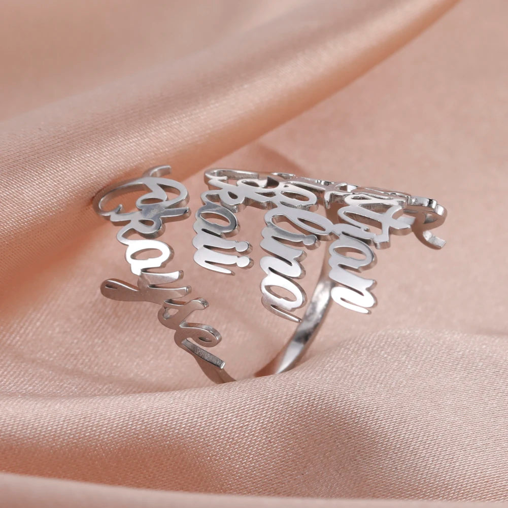 Custom Double First Name Finger Ring For Women Men Personalized Couple Family Gift Gold Color Stainless Steel Metal Jewelry