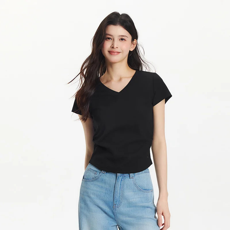 Semir Short Sleeve T-Shirt Women Cropped Slim Fit Shoulder Fit Design 2026 New Summer Embroidered Top Versatile for Chic Outfits