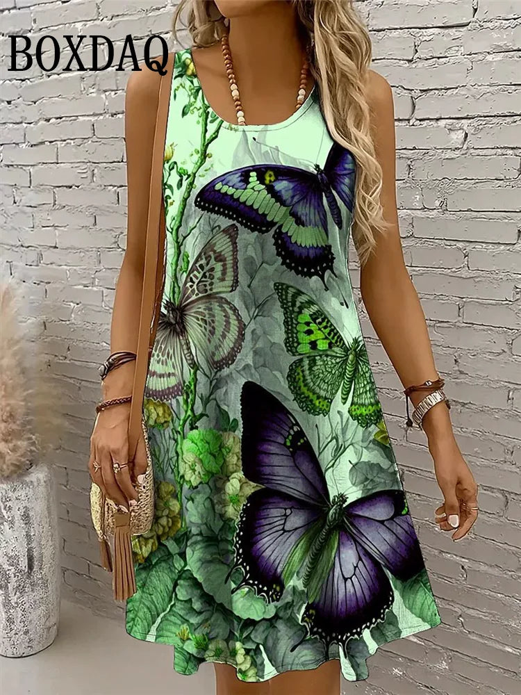 Women's Butterfly Print Sundress – Sleeveless Loose Beach Dress for Summer & Vacation