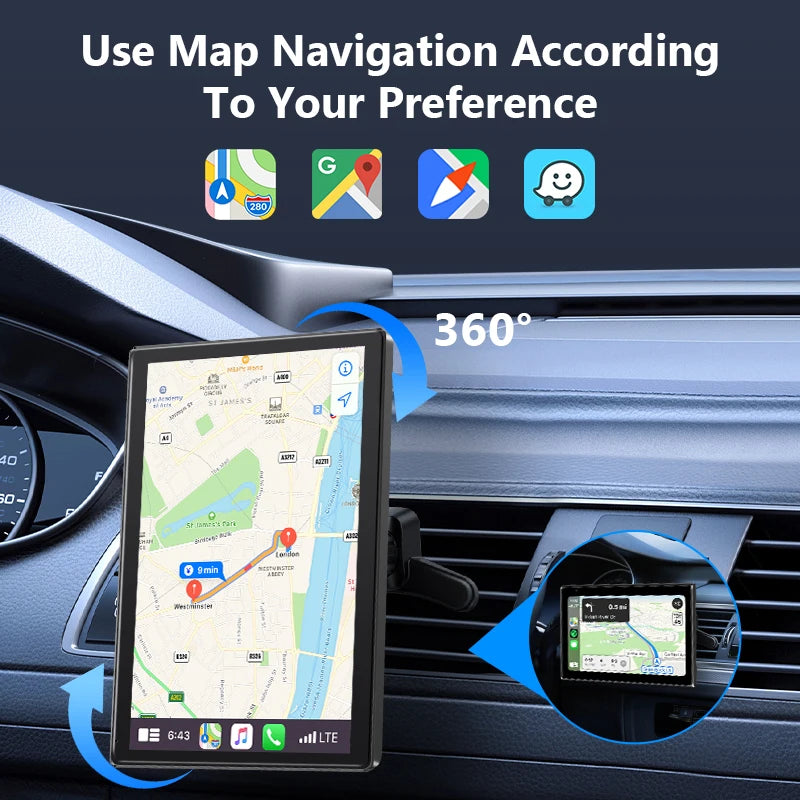 Universal 8 inch Portable Rotatable Car Screen Wireless Carplay Android Auto & WIFI Mirror Link Parking Rear Camera AUX Stereo