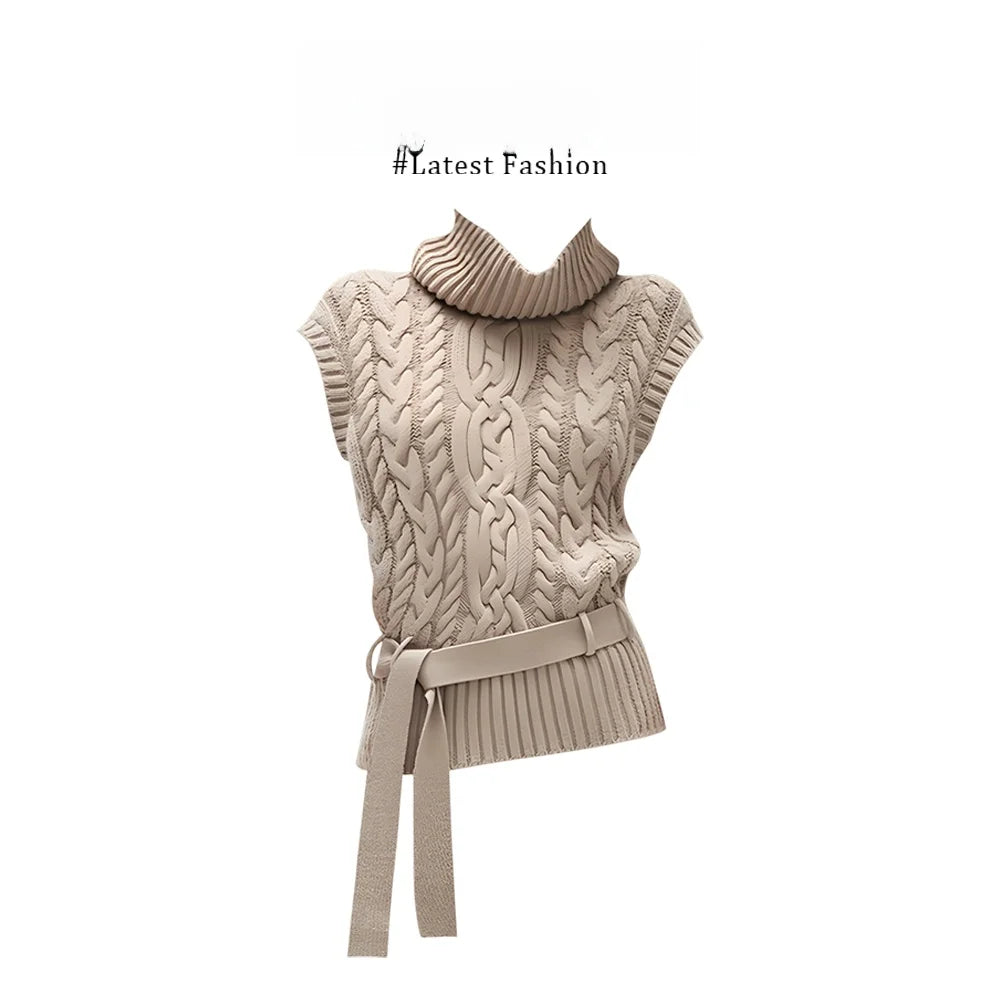 Women's Knitted Sweater Vest Winter Fashion High Collar Sleeveless Twist Flower Patterned Belted Short Top Street Style Loose...