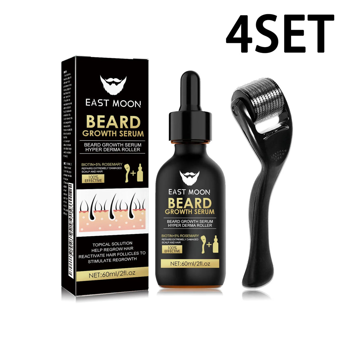 Beard Growth Serum Kit 0.2mm Derma Roller Infused Activate Hair Follicles Repair Damaged Beard Boost Fuller Thicker Beard Serum