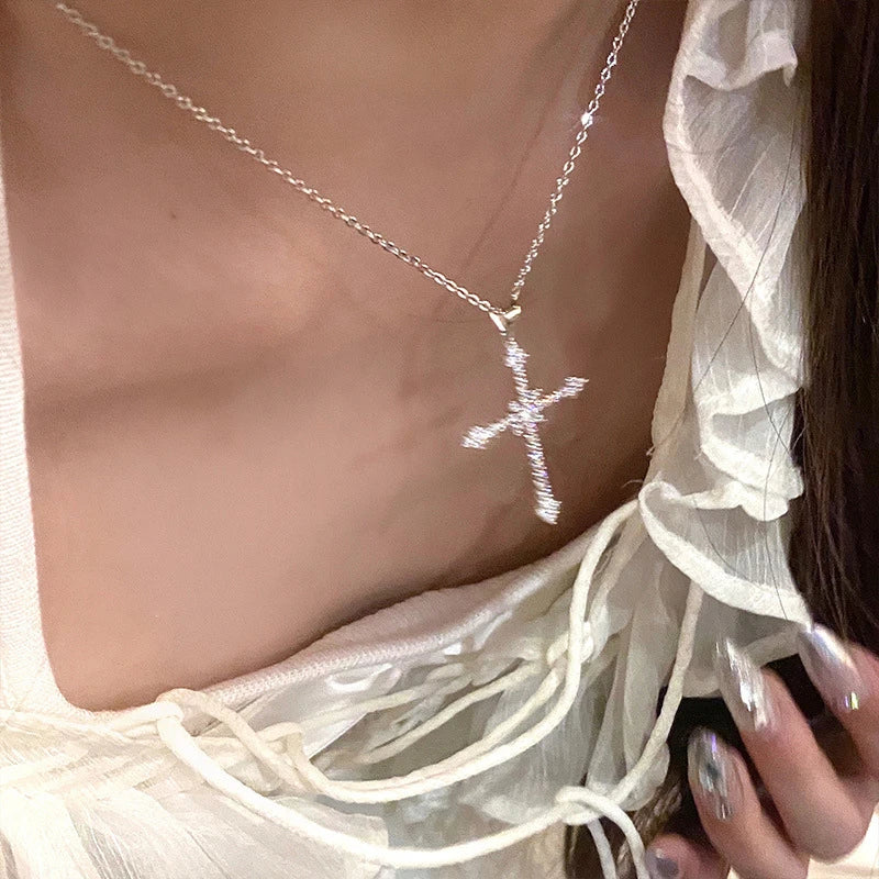 Crystal Zircon Cross Pendant Necklace for Women - Dainty Layering Chain