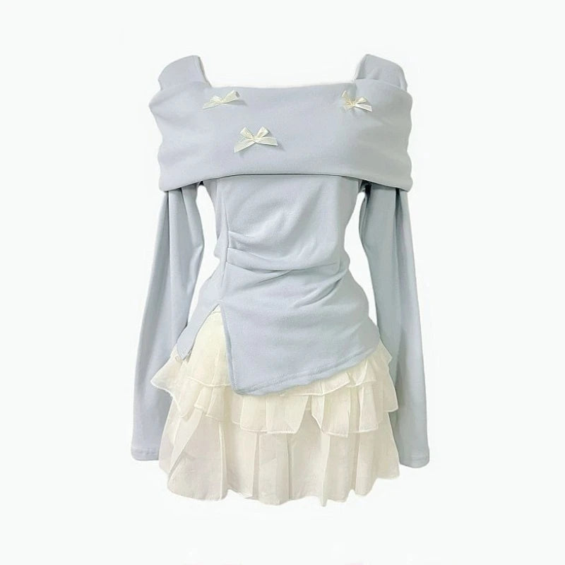 American Retro Two Piece Sets Women Gray Short Sleeve Henley Tops + Layered Ruffle Mini Skirts Harajuku Summer Lace Trim Outfits