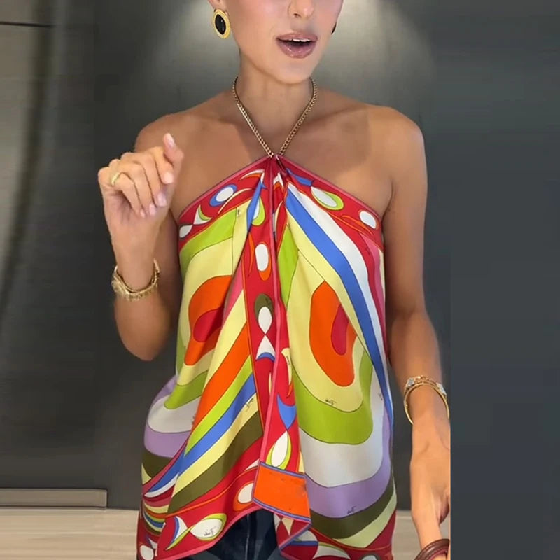 Fashion Halter Printed Vest Women Tank Tops Sleeveless Women T-Shirts Lady Beach Holiday Tops Fashion Shirt