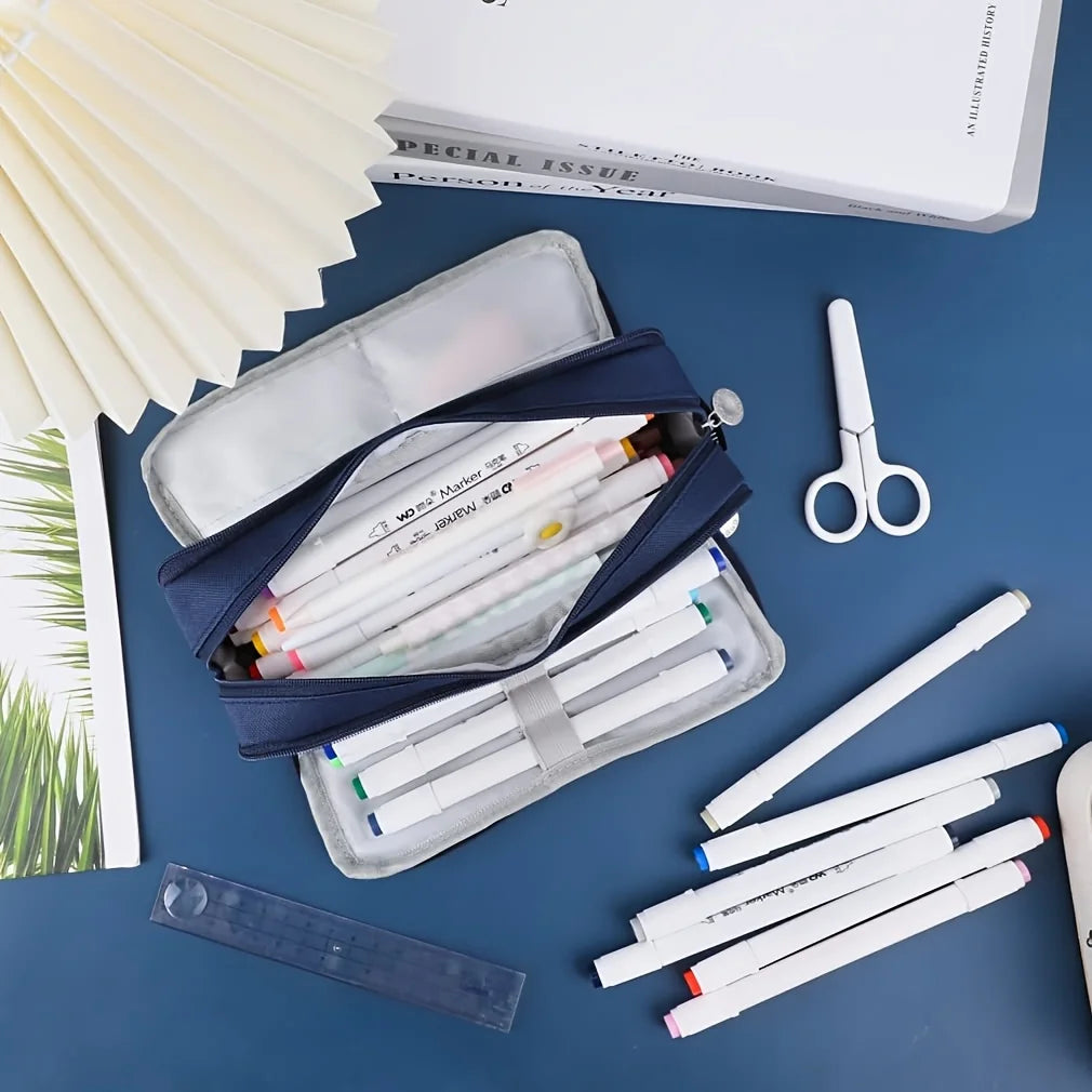 Large-Capacity Three-Layer Oxford Cloth Pencil Case with Versatile Functions, Suitable for Both Student and Office Scenarios.