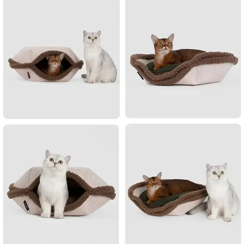 2in1 Scallop-shaped Cat House Cat Bed Warm Semi-enclosed Secure Soft Collapsible Multifunctional Comfortable Indoor Outdoor