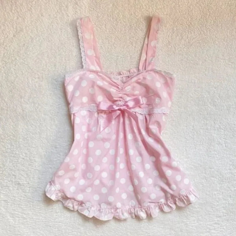 Y2K Retro Polka Dot Lace Tops Women Sweet Hot Girls Summer Vintage Cute Strappy Y2K Harajuku Grunge Casual Fashion Vest New