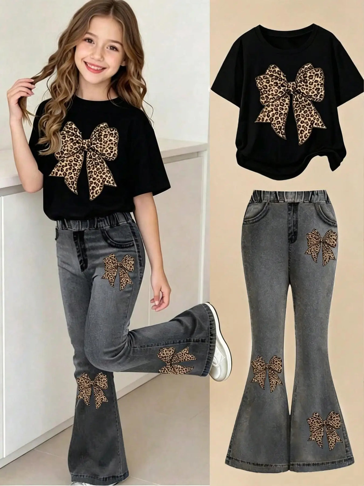Girls' Summer and Autumn Casual Outfit: Black Short-Sleeve T-Shirt + Faux Denim Flared Pants with Bow Print, Suitable for Girls Aged 4-12, Versatile Clothing for Home and Outings