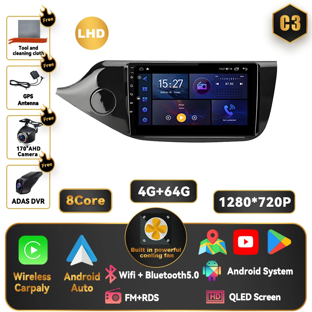 Android 15 Carplay For Kia CEED 2 JD 2012 - 2018 Car Radio Stereo Multimidia Player GPS Bluetooth DSP 2din Stereo QLED Screen