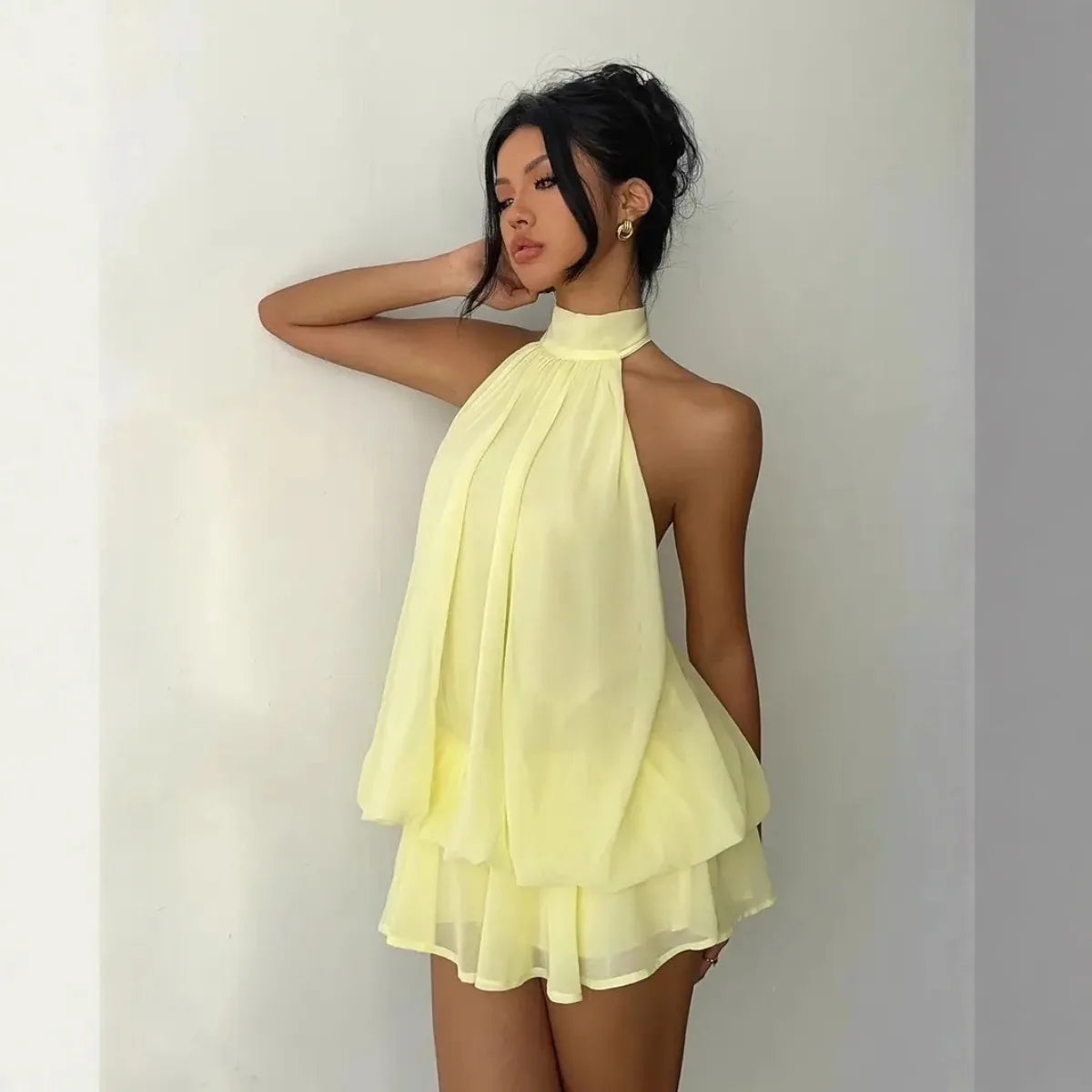 Women's Halter Backless Chiffon Mini Dress — Tie-Front Party Dress