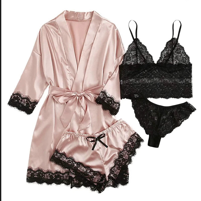 Women's 4-Piece Lace Camisole Pajama Set – Sexy Lingerie Nightgown, Shorts, Robe & Leisurewear | S–XXL (7 Colors)