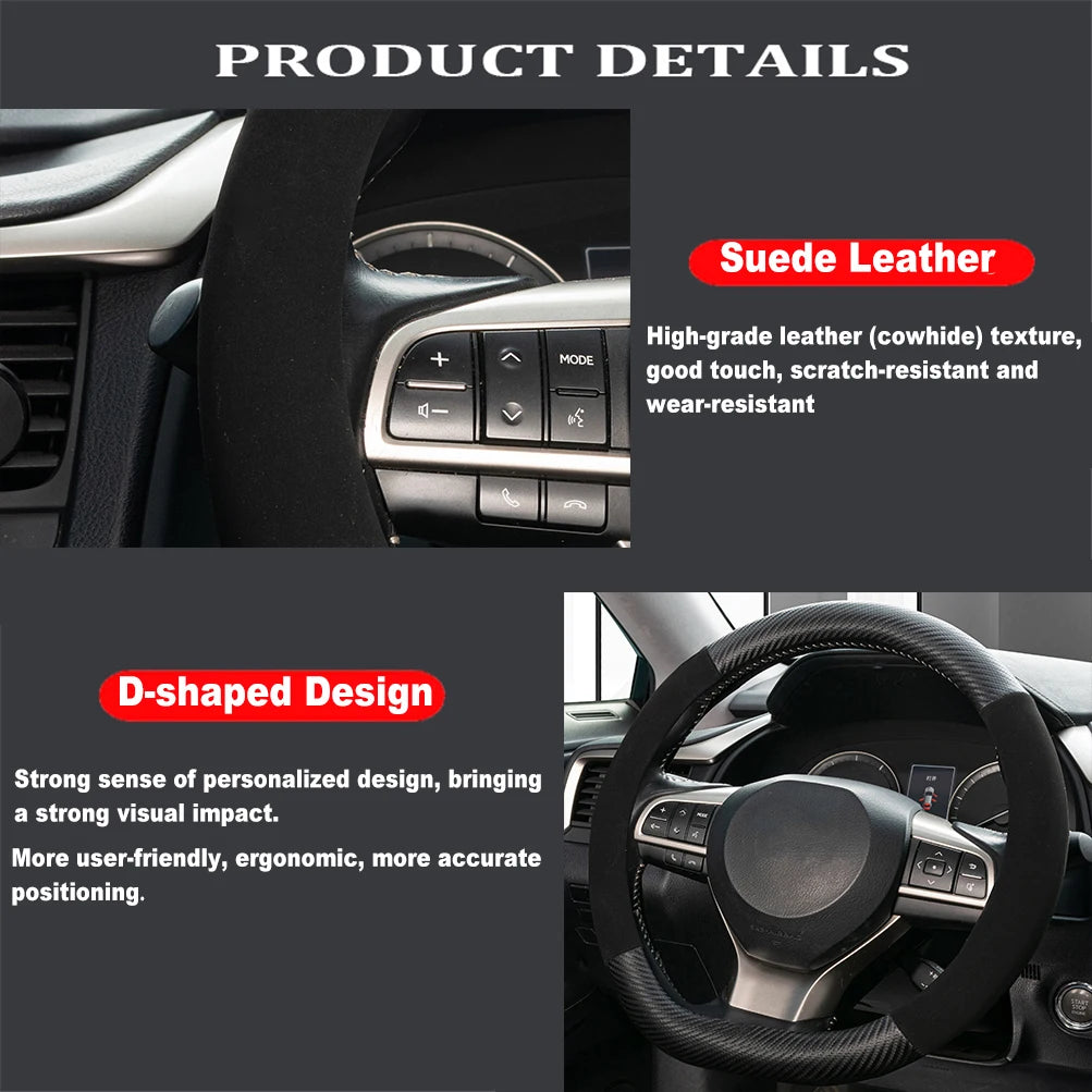 D-Shaped Carbon Fiber & Suede Leather Car Steering Wheel Cover Anti-Slip Protector Breathable Sweat Absorbent Sport 38cm(15Inch)