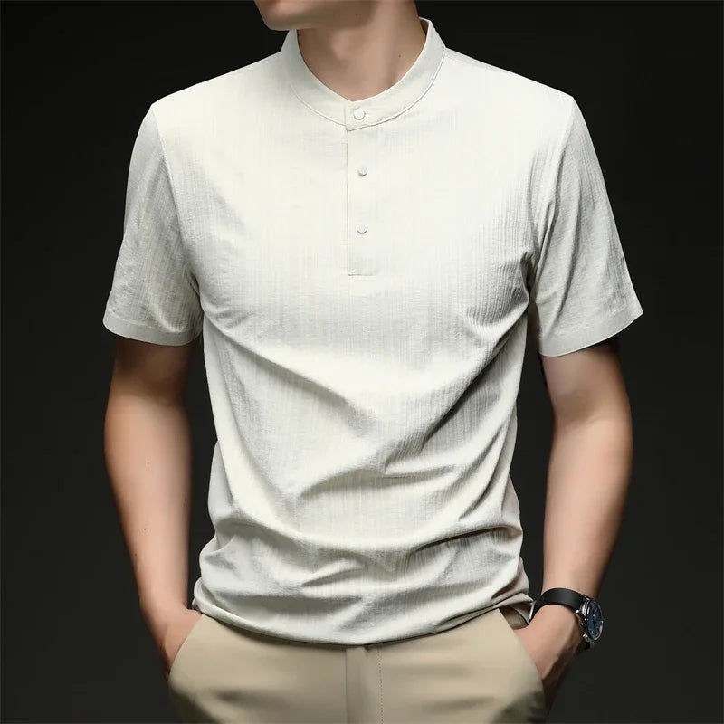 Men's Mandarin Collar Henley - Three-Button, Breathable Slim Fit