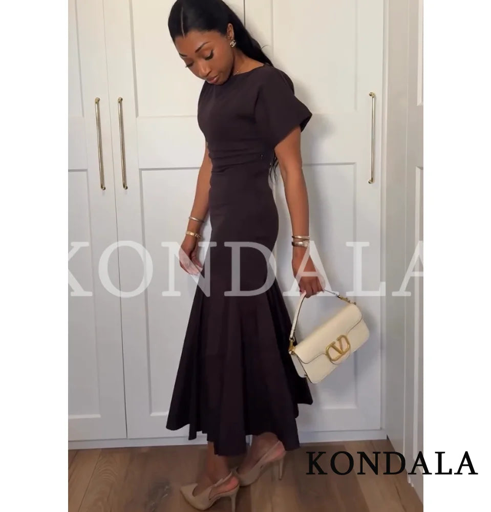 KONDALA Women's Vintage Boat Collar Pleated Slim Dress – Elegant Casual Splicing Maxi Dress 2026