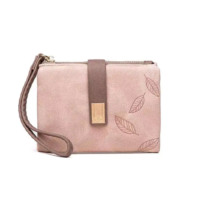 Spring/Summer 2026 new women's short wallet, high-quality PU hardware leaf buckle, solid color zipper, student coin coin purse,