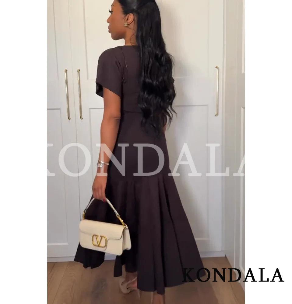 KONDALA Women's Vintage Boat Collar Pleated Slim Dress – Elegant Casual Splicing Maxi Dress 2026