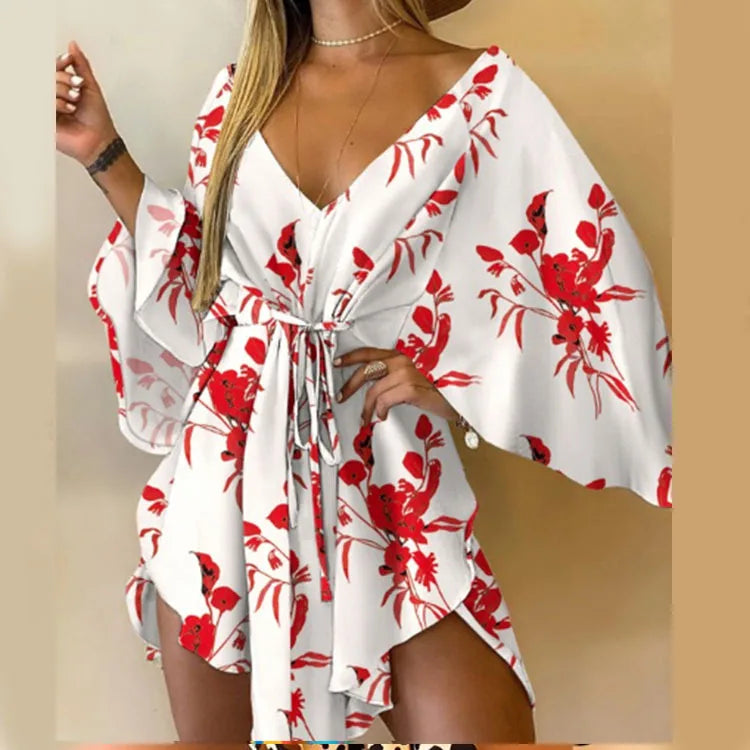 Women's Floral Print Bohemian Beach Sundress – V-Neck Bat Sleeve Ruffle Loose Summer Mini Dress