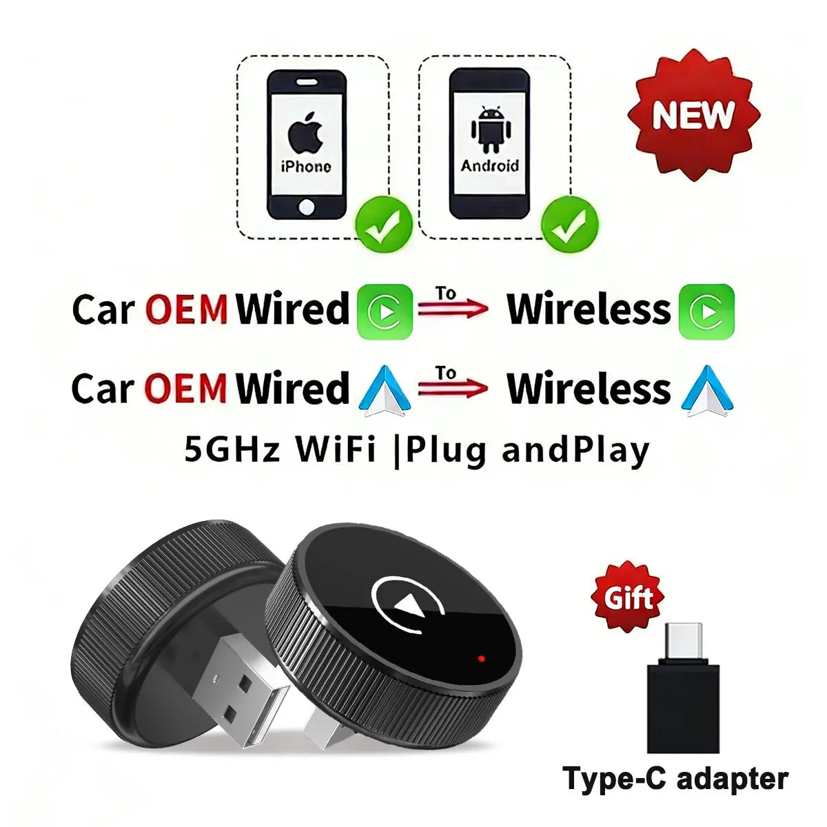 2-in-1 Wireless CarPlay & Android Auto Adapter — USB Smart Box, Auto-Connect for Factory Wired Cars