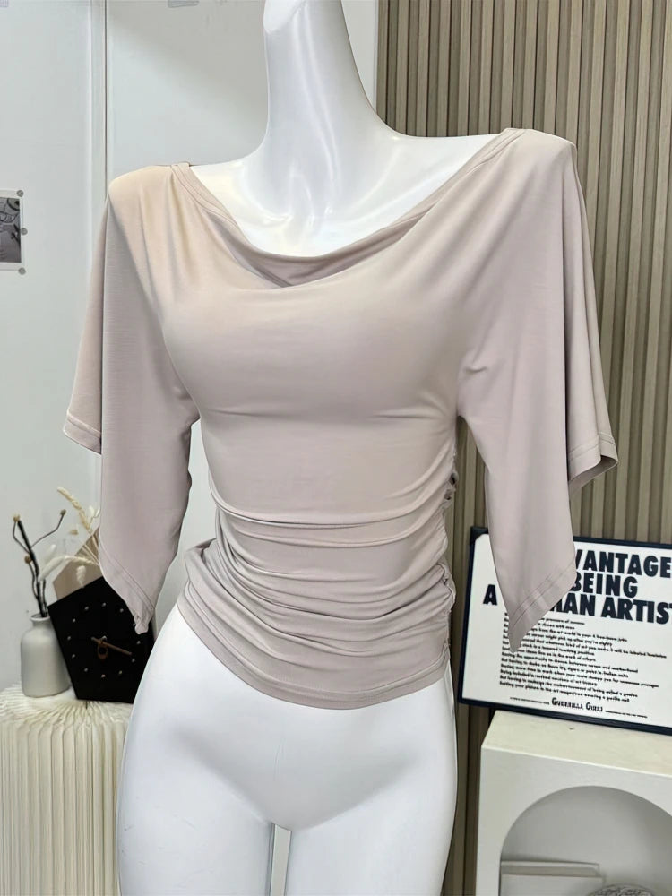 Sexy Summer Off Shoulder T shirt Women Elegant Batwing Short sleeve Cowl Neck Tops Korean Chic Tight Tshirt Lady Tees 2026 New