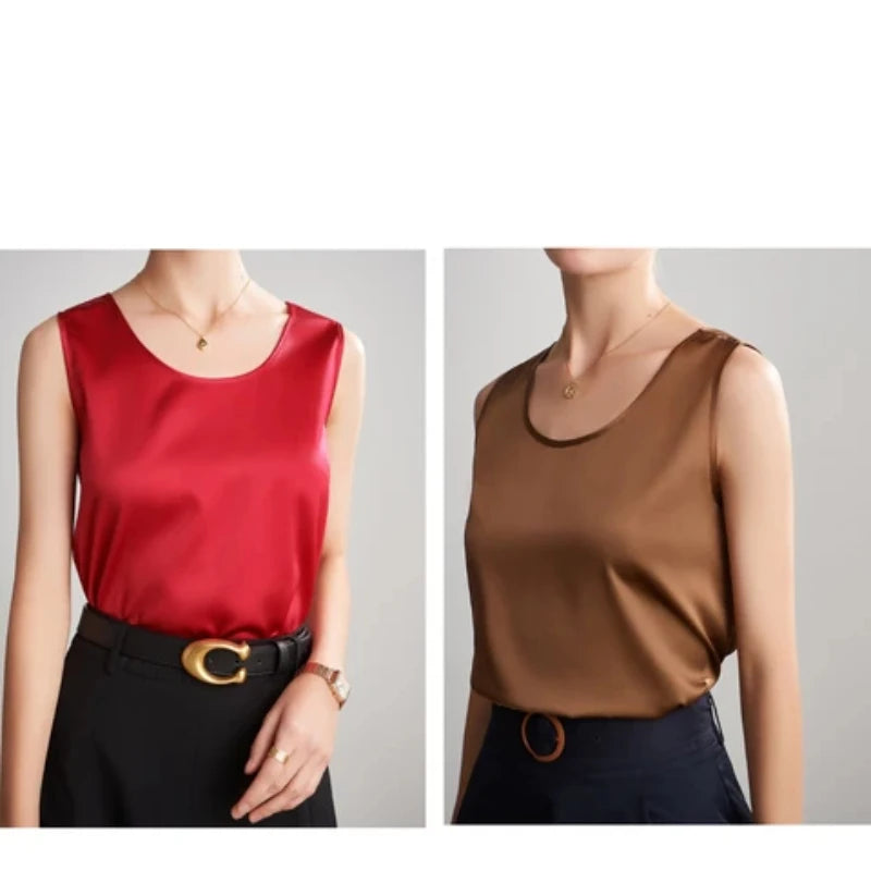 Summer Satin Mulberry Silk Tank Top Casual Versatile Champagne Tops Woman 2026 New Fashion Elegant Vest Loose Sleeveless T-shirt