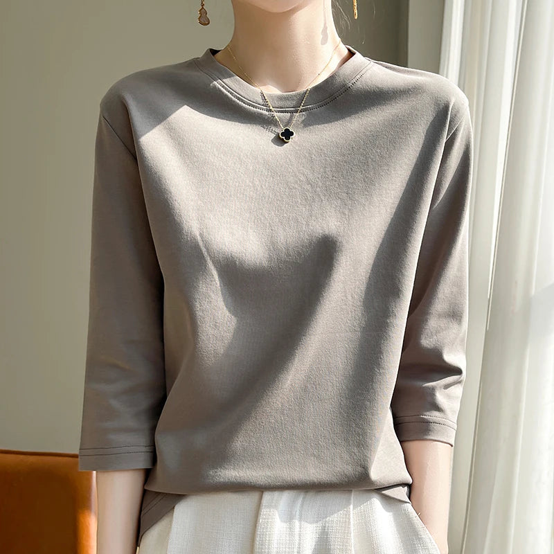 Women's Mercerized Cotton T-Shirt — Loose Round-Neck Half-Sleeve Top