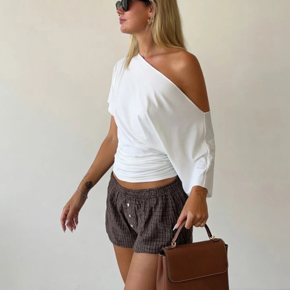 Women's One Shoulder Slim Crop Top – Short Sleeve Y2K Streetwear Tee