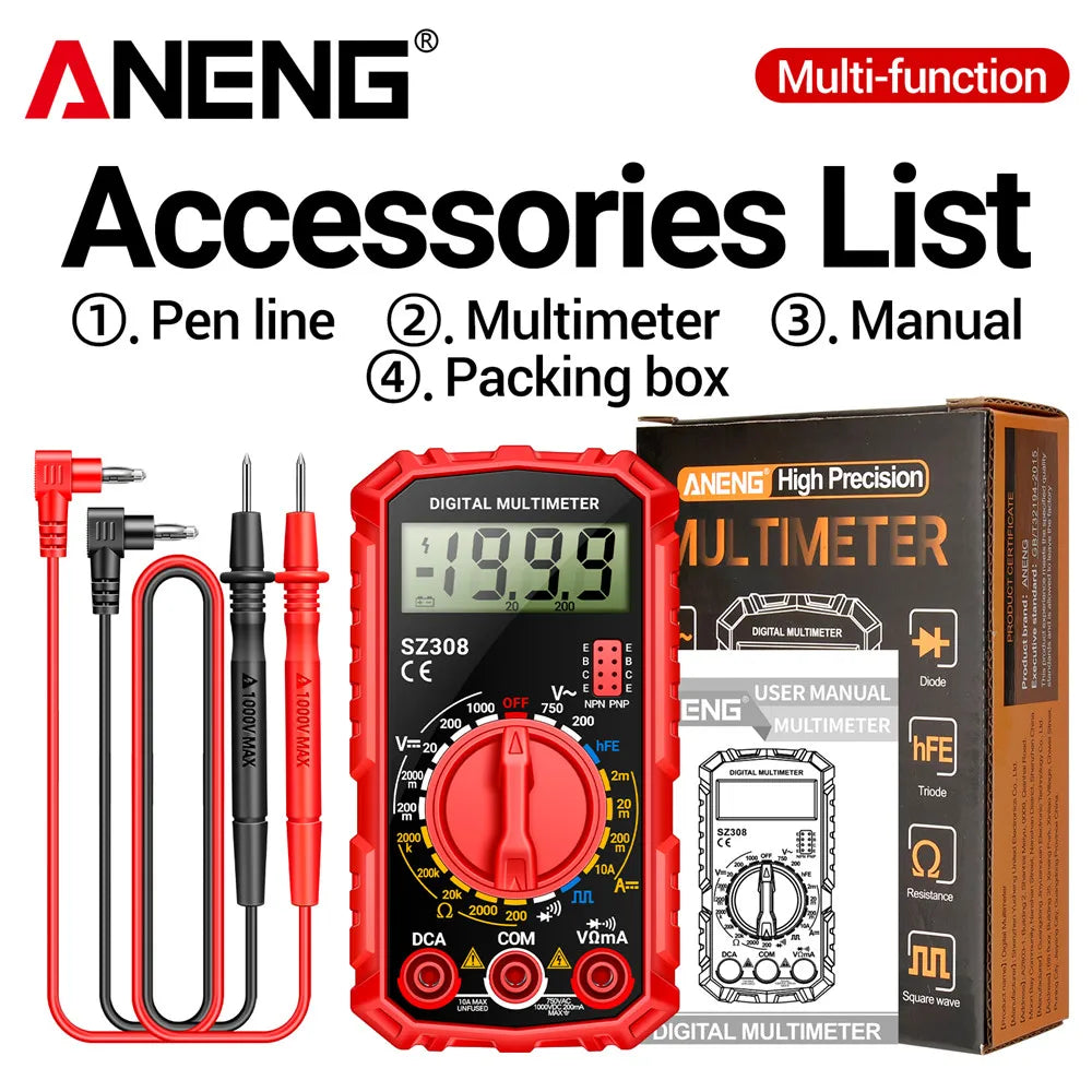 Digital MultimeterAC/DC Current Voltage Resistance Meter Meter Electrician LCD Backlight Ohm Square Wave Test tools ANENG SZ308