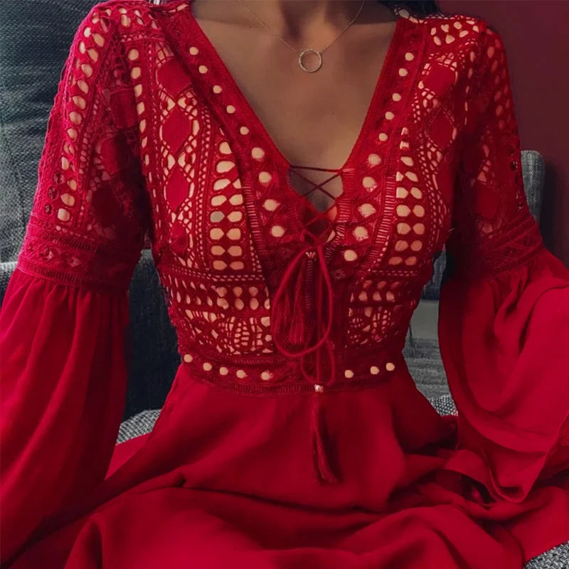 Women's A-Line Ruffle Chiffon Mini Dress — Long-Sleeve V-Neck Dress