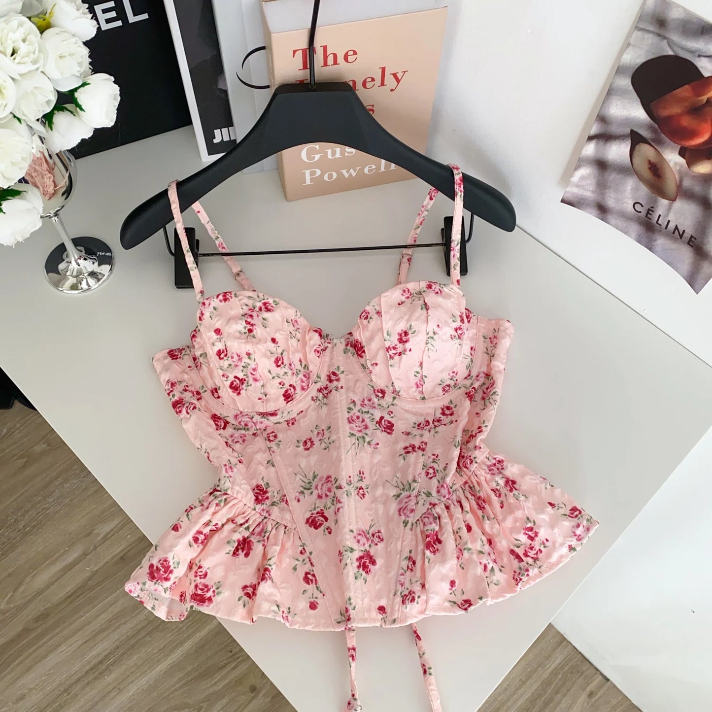 Sexy Slim  Corset ruffle print Chic Korean Camis Tank Top Basic Fashion Off Shoulder Summer Women Clothing
