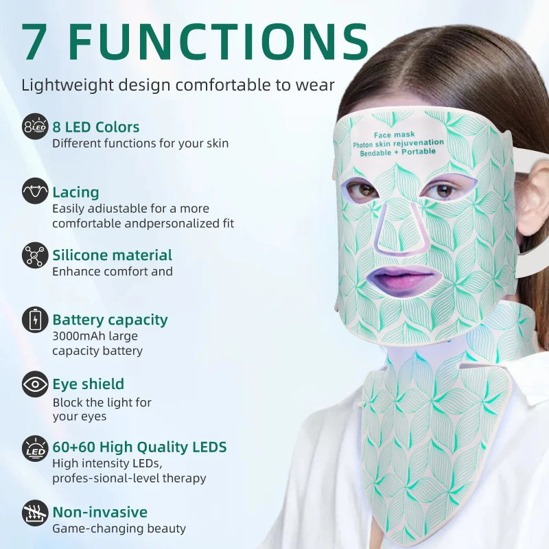 UBilli 8-Color LED Face & Neck Mask – Red Light Therapy for Anti-Aging, Wrinkles, Acne, Pore Control & Skin Tightening | CE Certified | Wireless