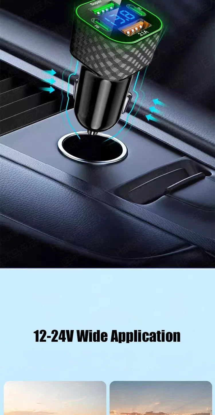 USB-C Car Charger 4-in-1 Dual PD Fast Charge with Voltage Display – iPhone, Samsung, Xiaomi