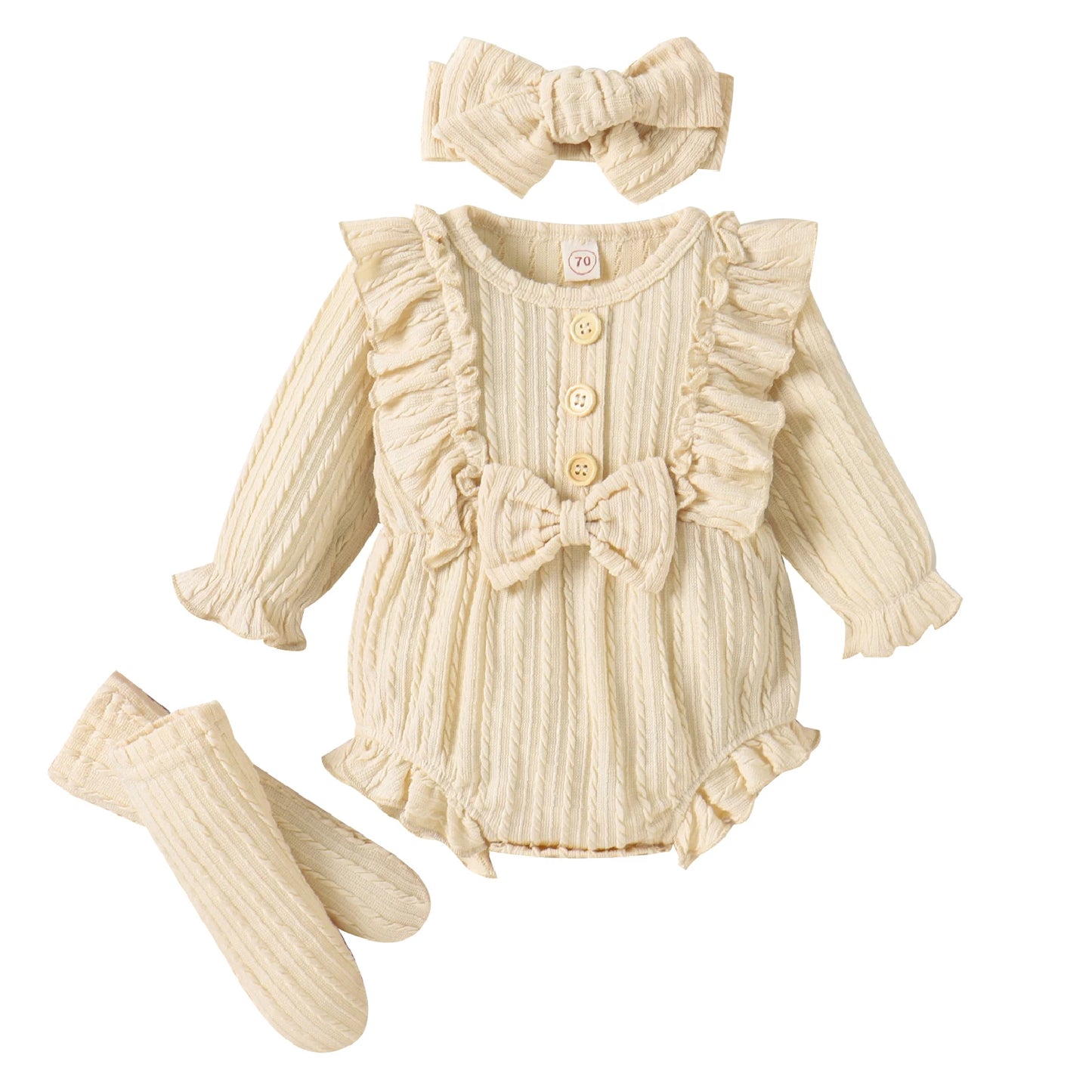 Infant Newborn Baby Girls 3Pcs Spring Autumn Outfits, Long Sleeve Button Front Ruffle Romper + Socks + Headband Set