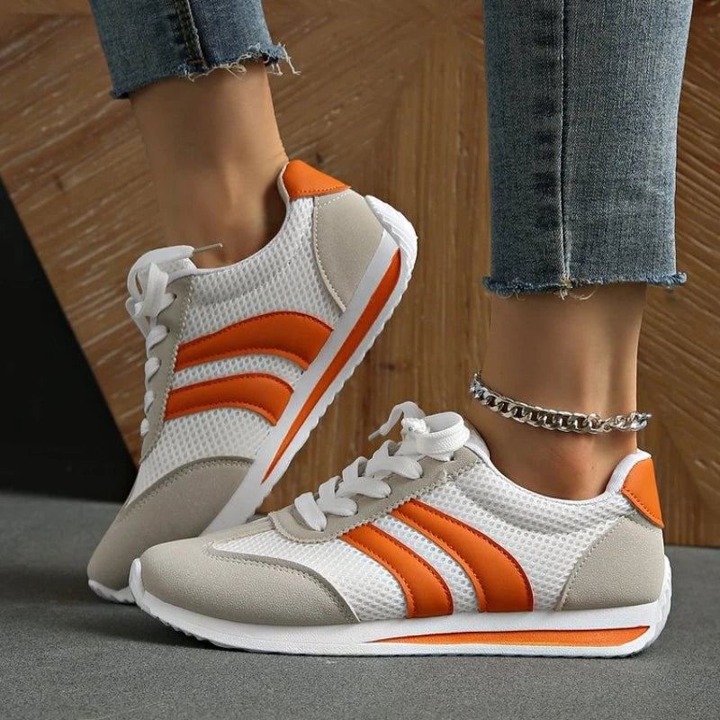 Striped Platform Sneakers for Women — Vulcanized Lace-Up Casual Running Shoes