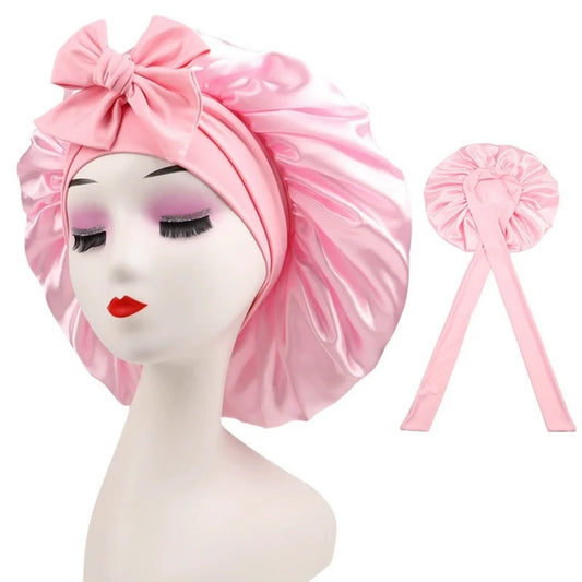 Adjustable Satin Bonnet with Tie Band - Black, Pink & Wine Red