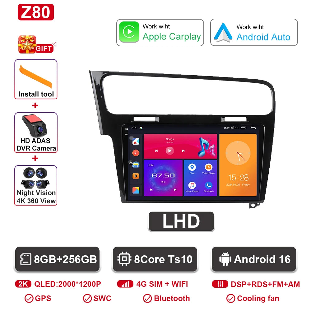 Android Car Stereo for VW Golf 7 MK7 GTI (2012–2021, RHD) — CarPlay, Android Auto, GPS, 2-DIN