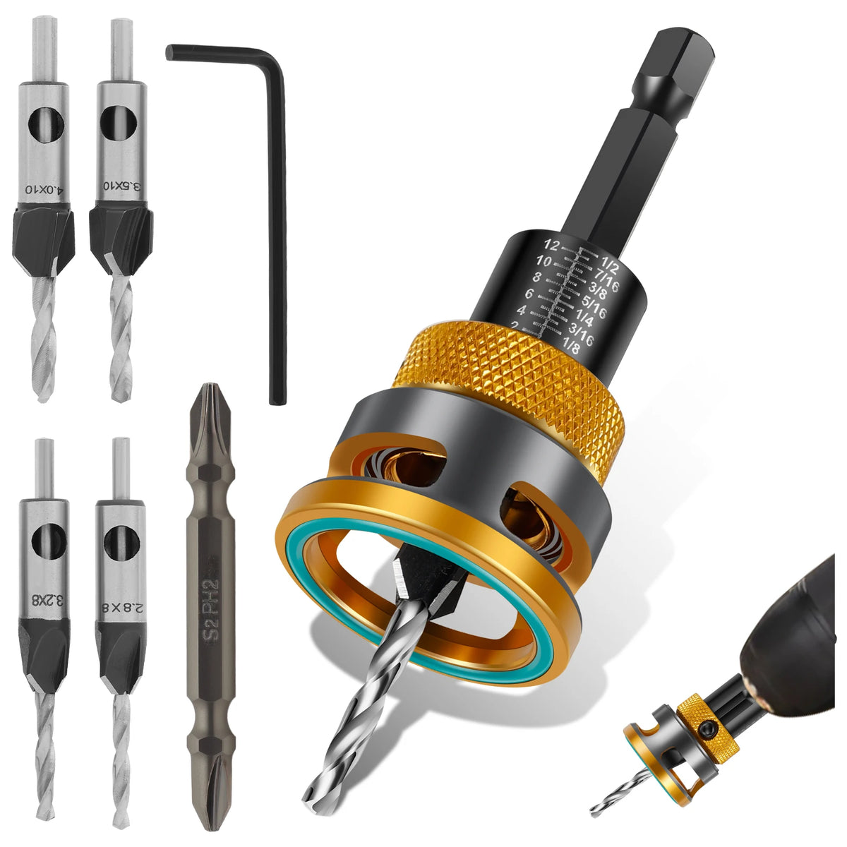Countersink Drill Bit Set, Adjustable Depth HSS Wood Counterbore