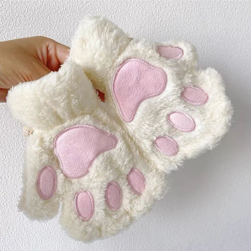 Women's Cat Paw Plush Mittens, Fingerless