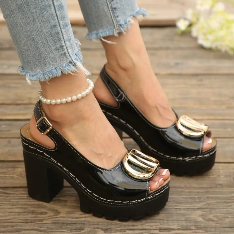 Summer New Women's Fashion Metal High-heeled Sandals Gladiator Casual Versatile Fish Mouth Sandals Roman High Heels Women Shoes