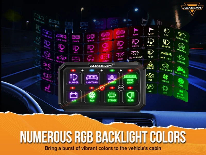 Auxbeam RGB 8 Gang Switch Panel Toggle/Momentary/Pulsed Supported Without App Control (One-Sided Outlet/Two-Sided Outlet)