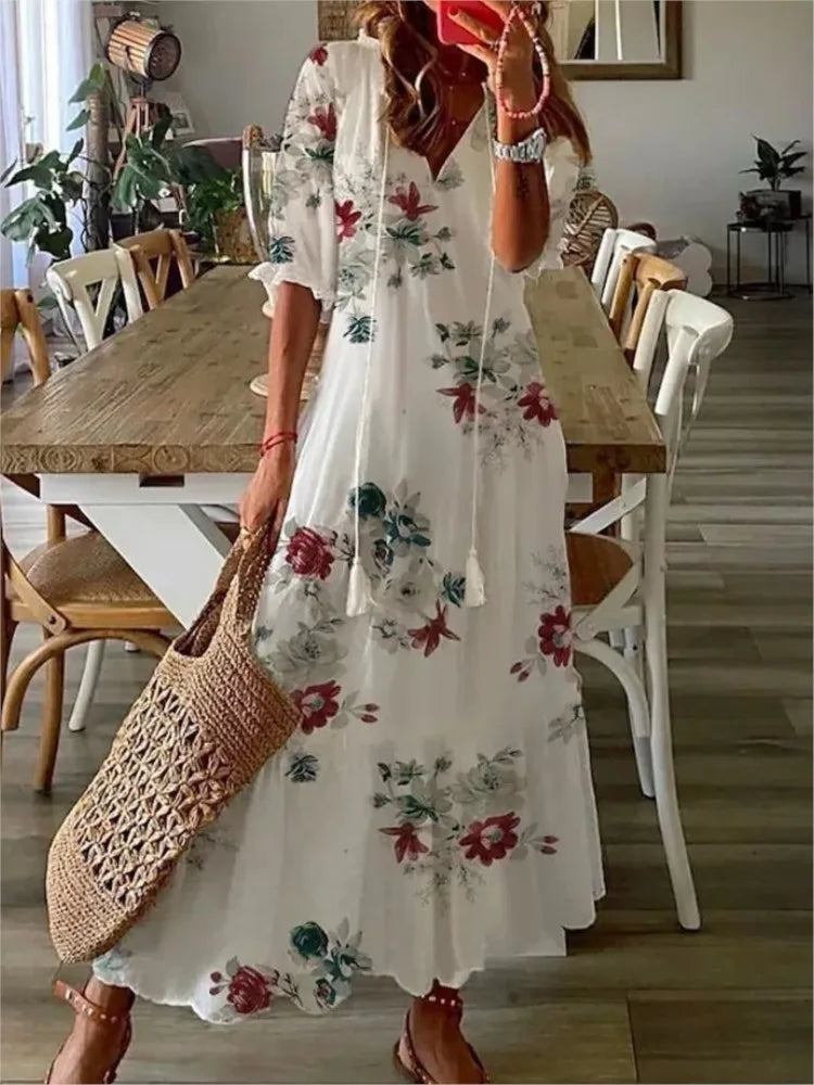 Women's Boho Maxi Dress – Casual V-Neck Drawstring Long-Sleeve Printed Bohemian Dress