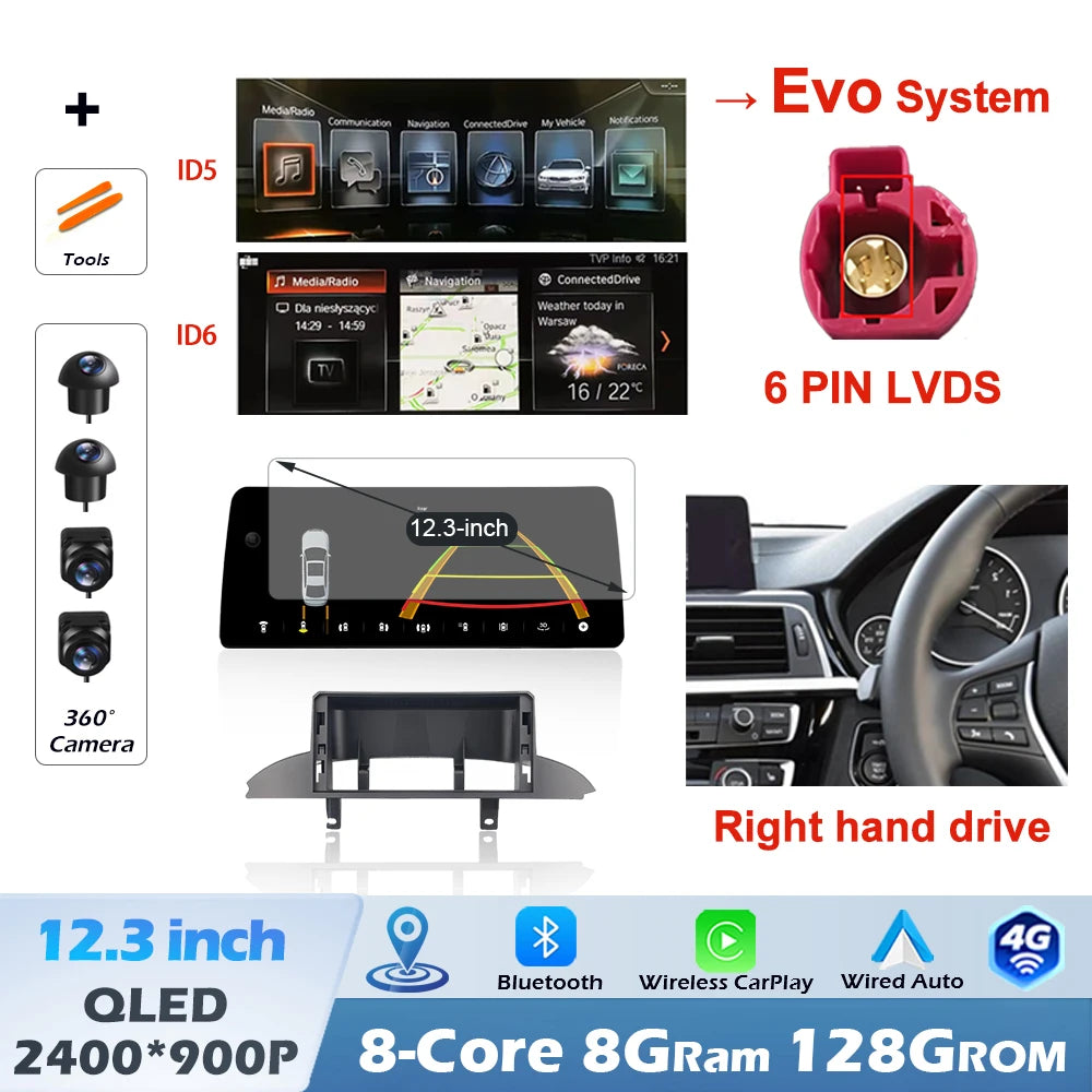 12.3" Right-Hand-Drive Wireless CarPlay & Android Auto Screen, Compatible with BMW 3 4 Series F30 F32