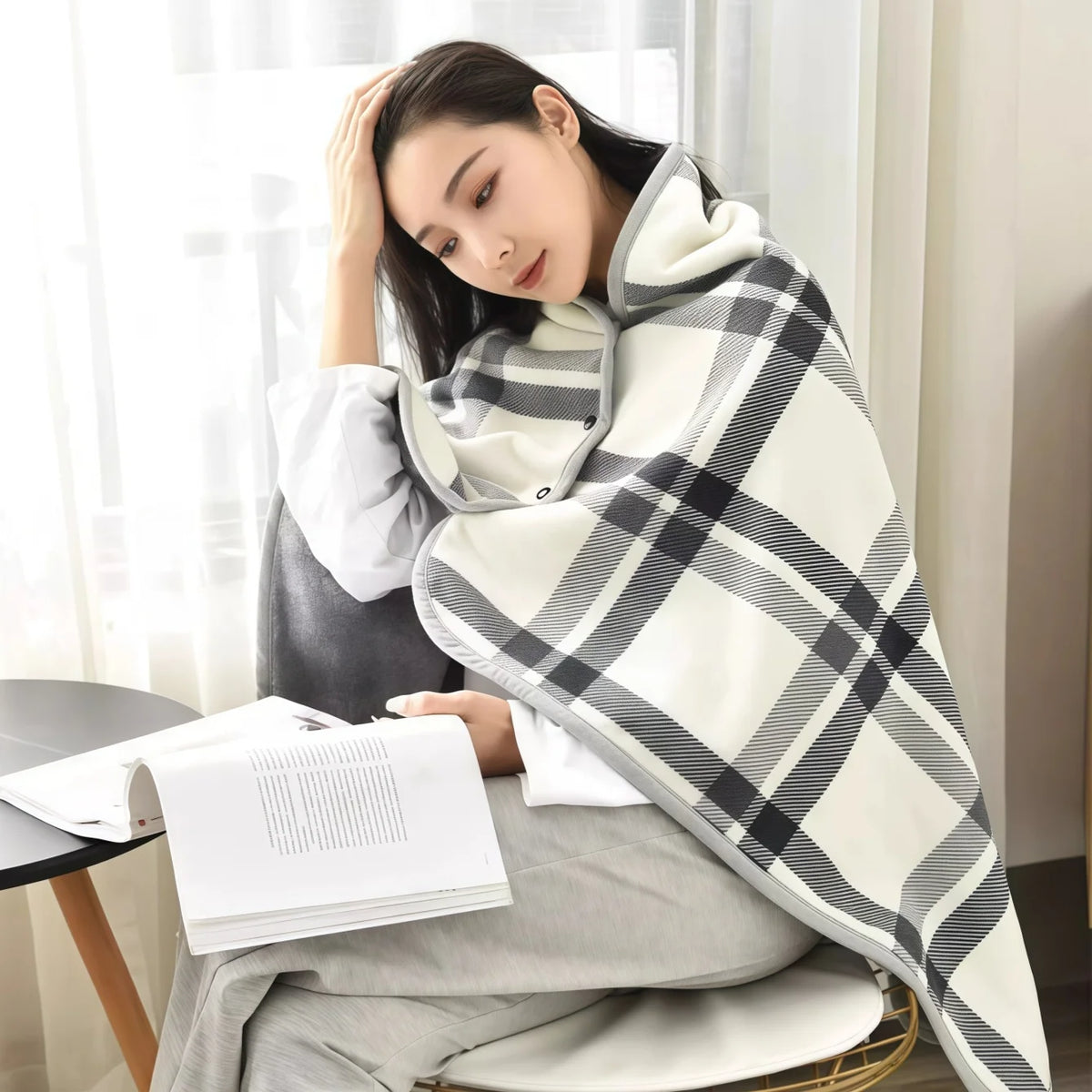 Plaid Fleece Wearable Blanket - Button Poncho Lap Throw