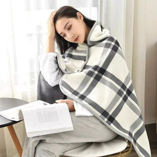 Plaid Fleece Wearable Blanket - Button Poncho Lap Throw