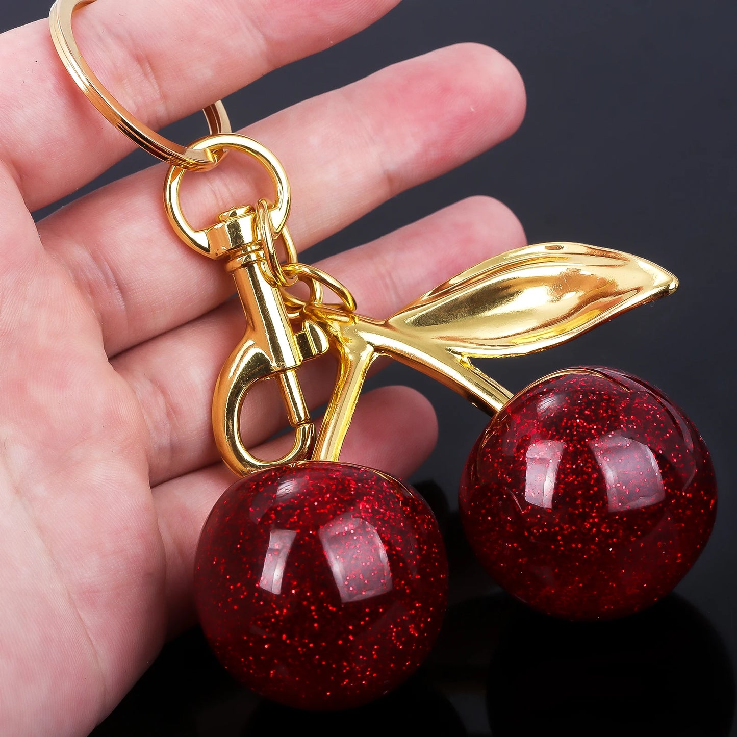 Cherry Crystal Bag Charm Keychain — Pink Fruit Keyring