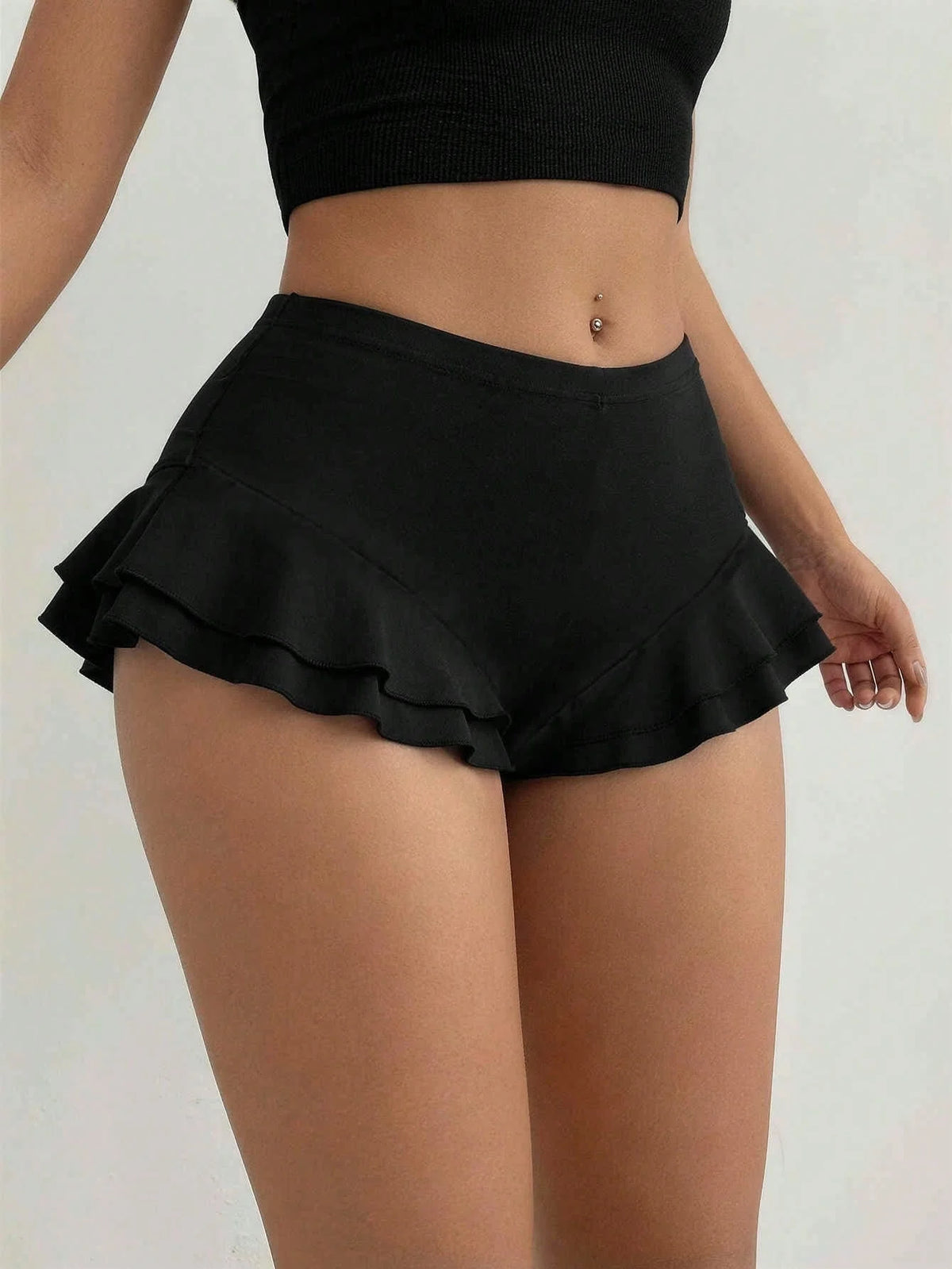 Women High Waist Double Layer Ruffle Trim Casual Mini Skort 2026 Summer Y2K Solid Black Stretch Soft Fabric Workout Streetwear S