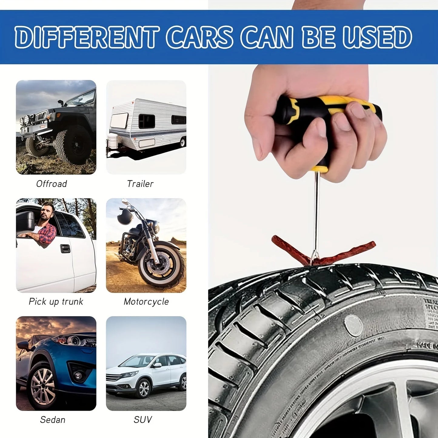 Emergency Tire Repair Kit - Heavy-Duty Glue & Rubber Strips for Flat Puncture Fix on Cars/Trucks/RVs, On-the-Go Safety Solution