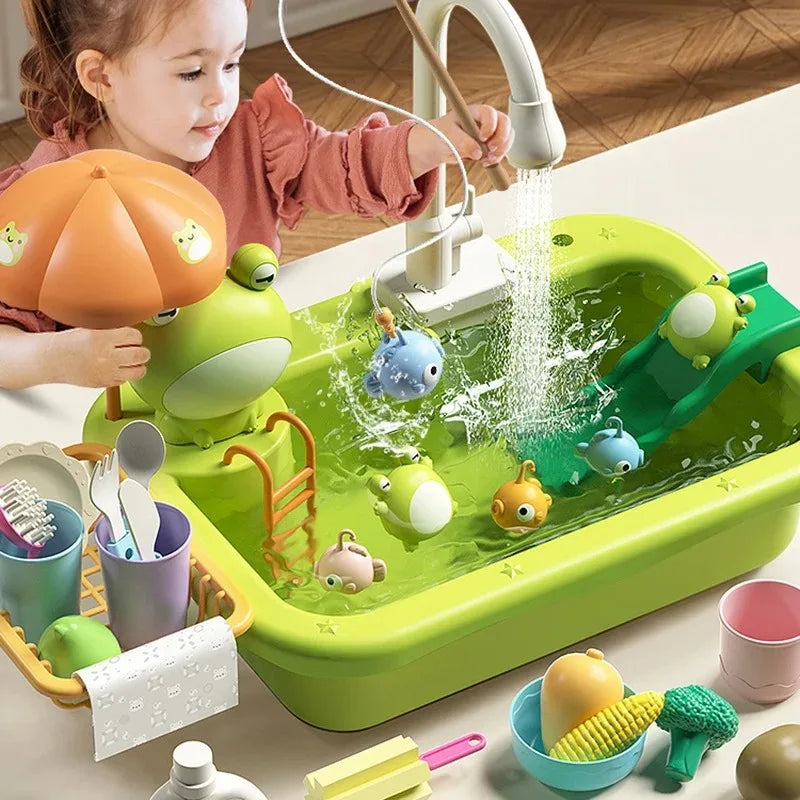 Kids Play Kitchen Sink Toy with Running Water and Fishing Game
